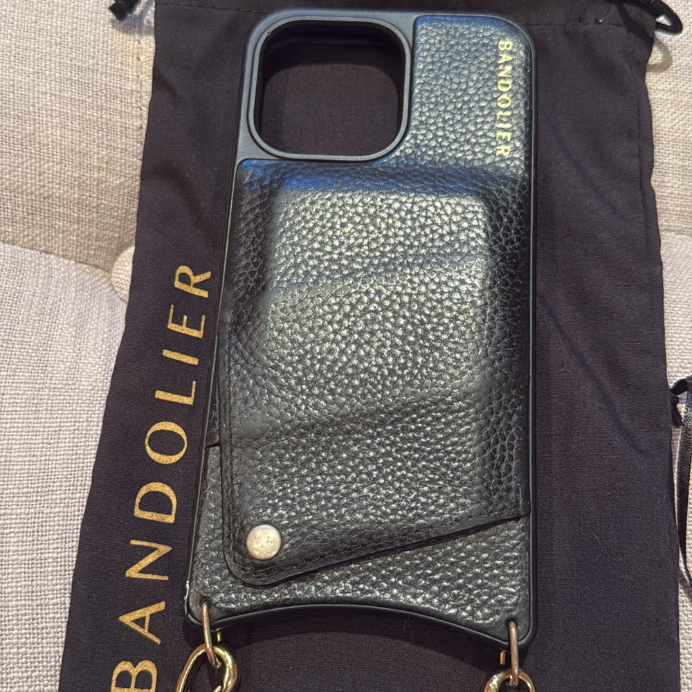 Black Leather Bandolier iPhone 14 Pro Max Case with wristlet